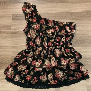 Floral Plus One Shoulder Ruffles Blouse